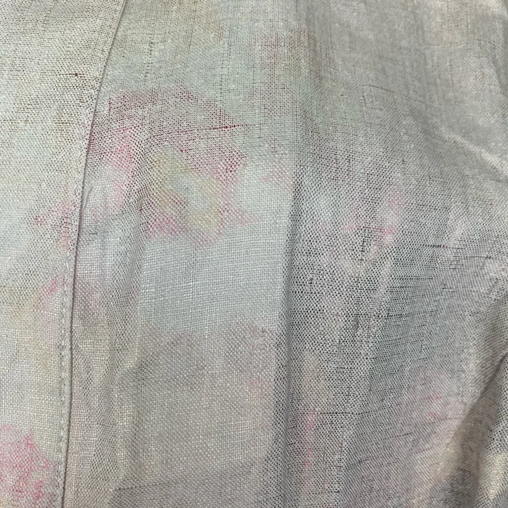 Chico’s Linen Open Front Blazer Size L hints green pink 3/4 sleeve Minimalist